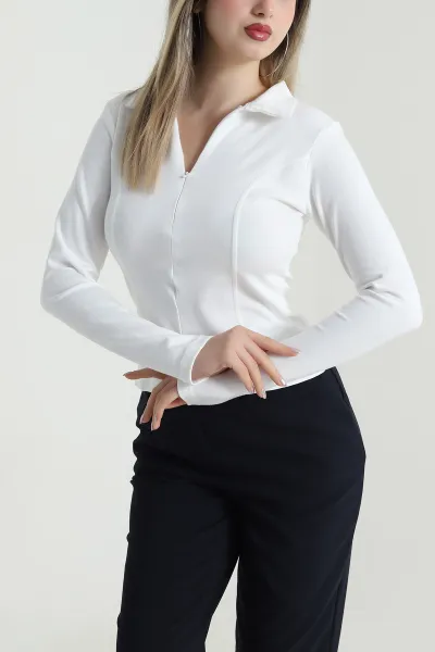Beyaz Yakası Fermuarlı Kadın Body Bluz 489996