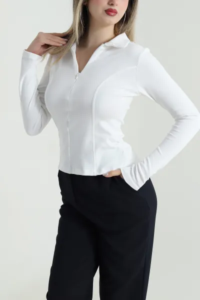 Beyaz Yakası Fermuarlı Kadın Body Bluz 489996