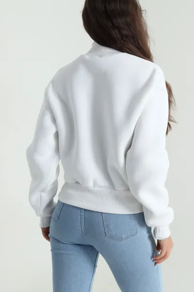 Beyaz Yakası Fermuarlı Şardonlu Üç İp Kadın Sweat 485308