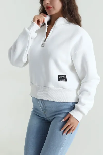 Beyaz Yakası Fermuarlı Şardonlu Üç İp Kadın Sweat 485308