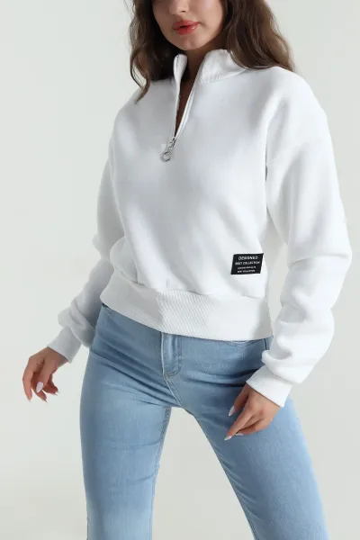 Beyaz Yakası Fermuarlı Şardonlu Üç İp Kadın Sweat 485308