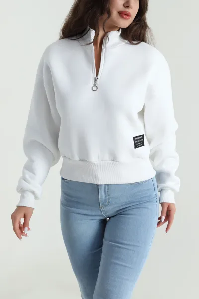 Beyaz Yakası Fermuarlı Şardonlu Üç İp Kadın Sweat 485308