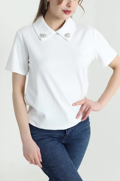 Beyaz Yakası Taşlı Oysho Kadın Bluz 441261