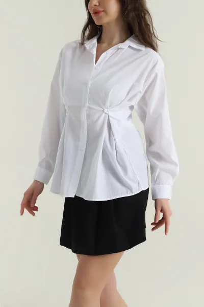 Beyaz Yan Düğmeli Poplin Kadın Gömlek 428461