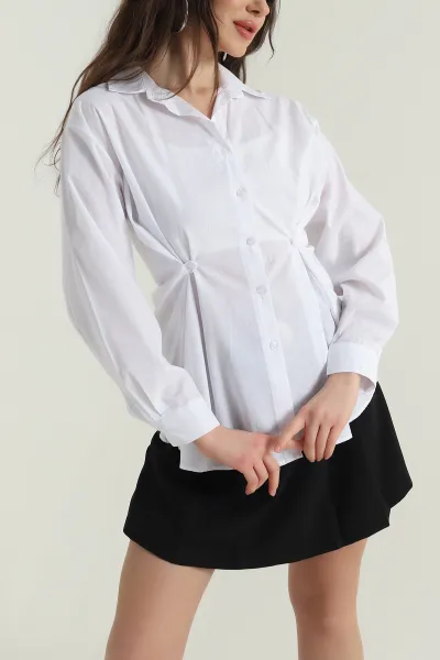 Beyaz Yan Düğmeli Poplin Kadın Gömlek 428461