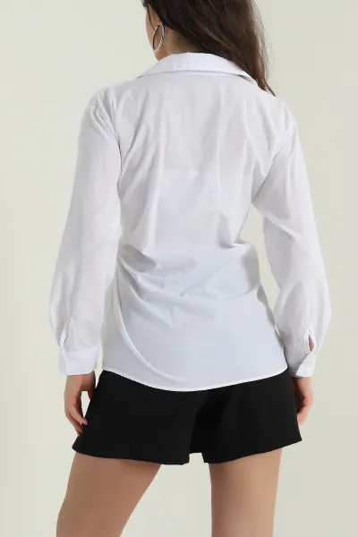 Beyaz Yan Düğmeli Poplin Kadın Gömlek 428461