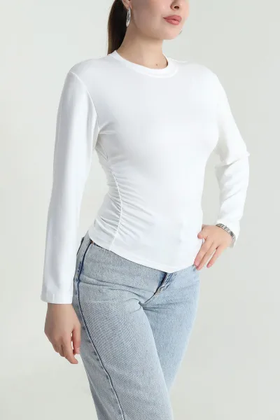 Beyaz Yanı Büzgülü Modal Kadın Bluz 484402
