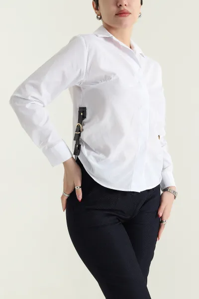 Beyaz Yanı Kemerli Poplin Dokuma Kadın Gömlek 432109