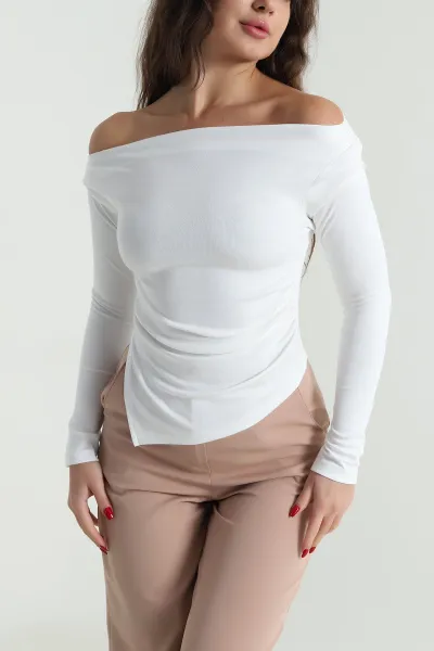 Beyaz Yanı Yırtmaçlı Modal Kadın Bluz 492827