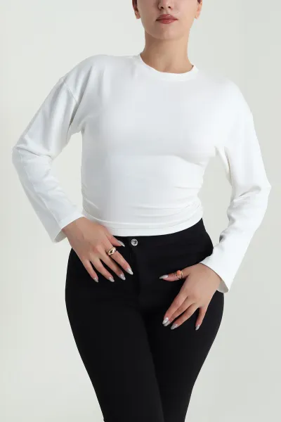 Beyaz Yanları Büzgülü Bisiklet Yaka Vortex Kadın Bluz 483098