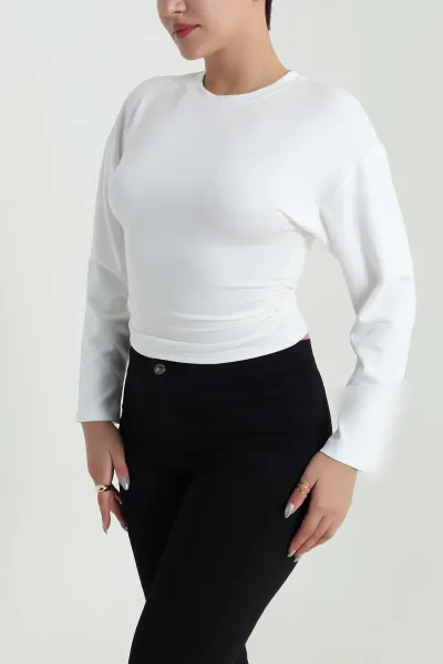 Beyaz Yanları Büzgülü Bisiklet Yaka Vortex Kadın Bluz 483098
