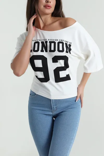 Beyaz Yarasa Kol Baskılı Kadın Kristal Bluz 483246