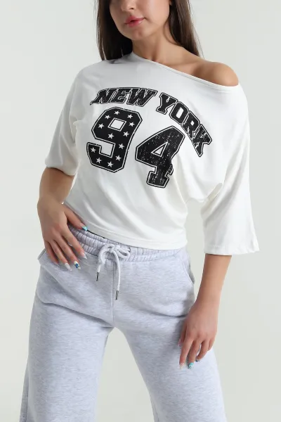 Beyaz Yarasa Kol Baskılı Kadın Kristal Bluz 483257