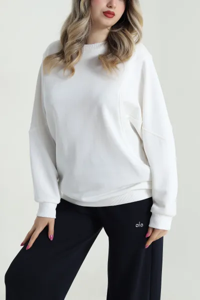 Beyaz Yarasa Kol Üç İp Kadın Sweat 484261