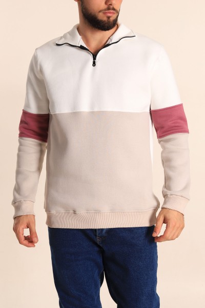 Beyaz Yarım Fermuar Dik Yaka Erkek Sweatshirt 218884
