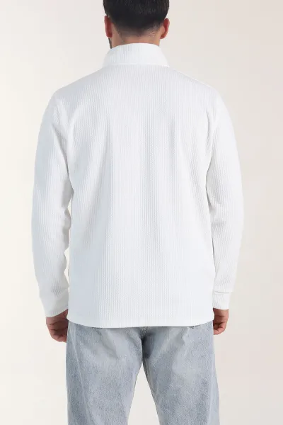 Beyaz Yarım Fermuarlı Dik Yaka Dokulu Erkek Sweatshirt 406821