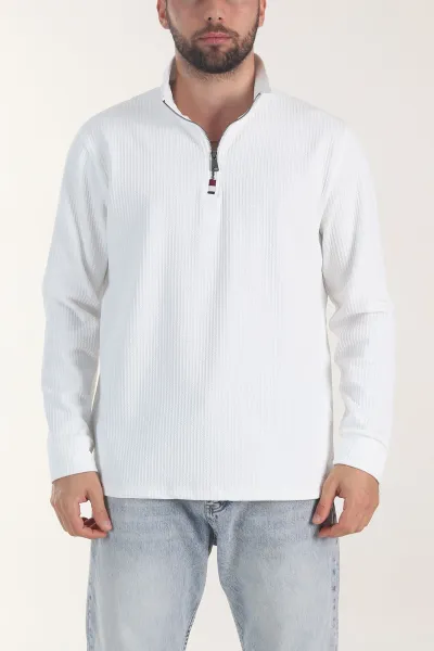 Beyaz Yarım Fermuarlı Dik Yaka Dokulu Erkek Sweatshirt 406821
