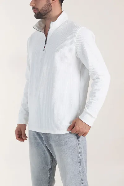 Beyaz Yarım Fermuarlı Dik Yaka Dokulu Erkek Sweatshirt 406821