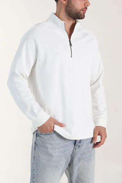 Beyaz Yarım Fermuarlı Dik Yaka Erkek Sweatshirt 404803