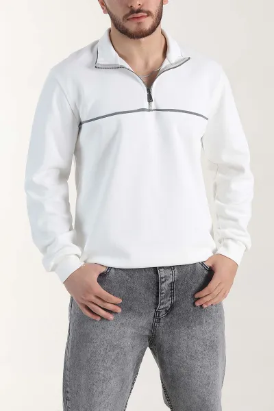 Beyaz Yarım Fermuarlı Dik Yaka Erkek Sweatshirt 404823