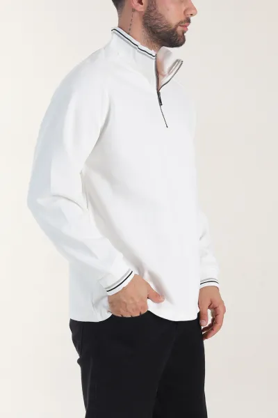 Beyaz Yarım Fermuarlı Dik Yaka Erkek Sweatshirt 406953