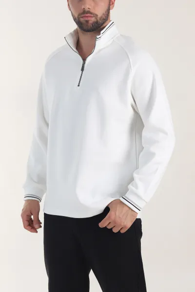 Beyaz Yarım Fermuarlı Dik Yaka Erkek Sweatshirt 406953
