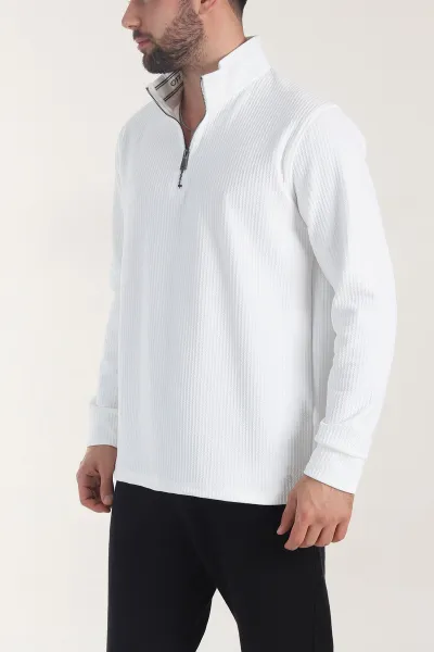 Beyaz Yarım Fermuarlı Dokulu Dik Yaka Erkek Sweatshirt 406937