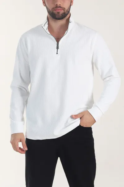 Beyaz Yarım Fermuarlı Dokulu Dik Yaka Erkek Sweatshirt 406937