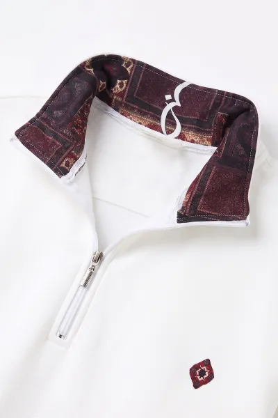 Beyaz Yarım Fermuarlı Erkek Sweatshirt 499407