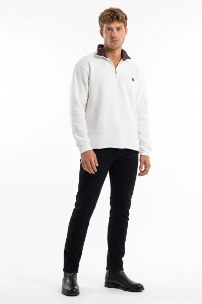 Beyaz Yarım Fermuarlı Erkek Sweatshirt 499407