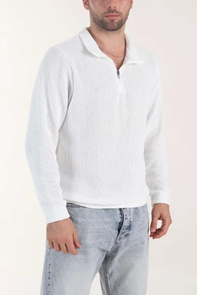 Beyaz Yarım Fermuarlı Jakar Erkek Triko 407302