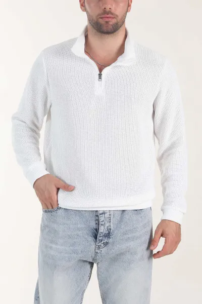 Beyaz Yarım Fermuarlı Jakar Erkek Triko 407302