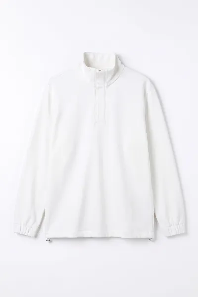 Beyaz Yarım Fermuarlı Lastik Detaylı Erkek Sweatshirt 492054