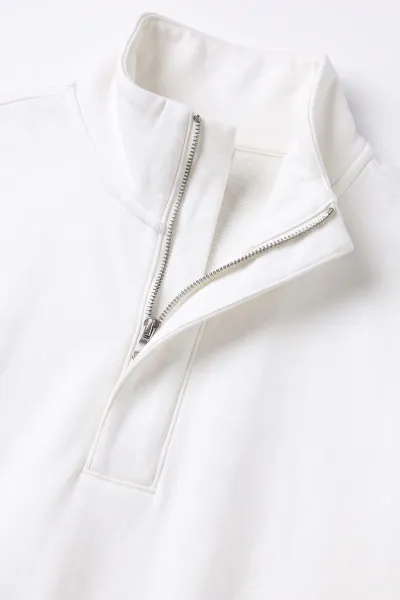 Beyaz Yarım Fermuarlı Lastik Detaylı Erkek Sweatshirt 492054