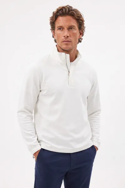 Beyaz Yarım Fermuarlı Lastik Detaylı Erkek Sweatshirt 492054
