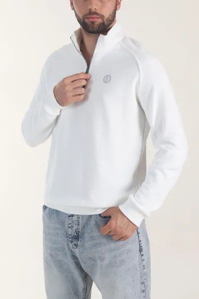 Beyaz Yarım Fermuarlı Nakış Detaylı Erkek Sweatshirt 406853