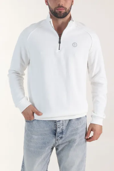 Beyaz Yarım Fermuarlı Nakış Detaylı Erkek Sweatshirt 406853