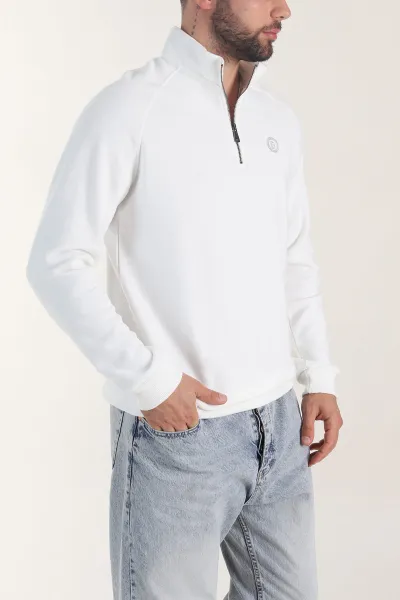 Beyaz Yarım Fermuarlı Nakış Detaylı Erkek Sweatshirt 406853