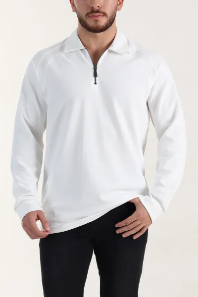Beyaz Yarım Fermuarlı Polo Yaka Erkek Sweatshirt 397128