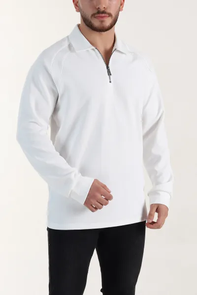 Beyaz Yarım Fermuarlı Polo Yaka Erkek Sweatshirt 397128