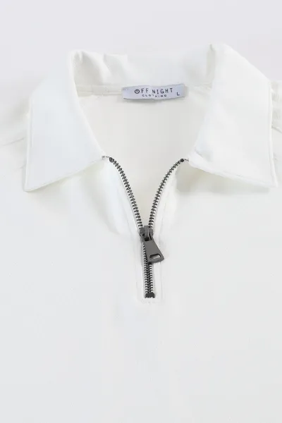 Beyaz Yarım Fermuarlı Polo Yaka Erkek Sweatshirt 397128