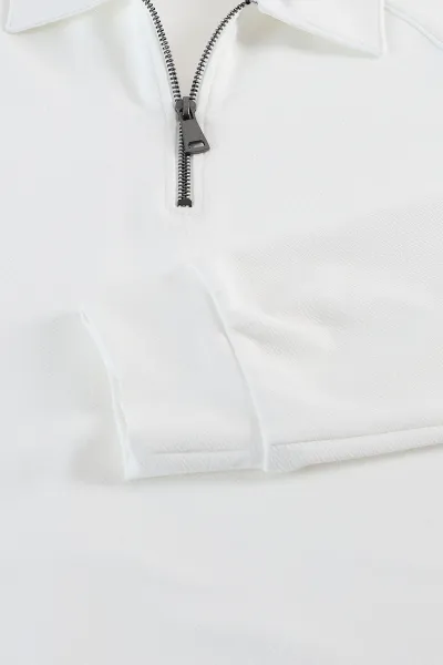 Beyaz Yarım Fermuarlı Polo Yaka Erkek Sweatshirt 397128