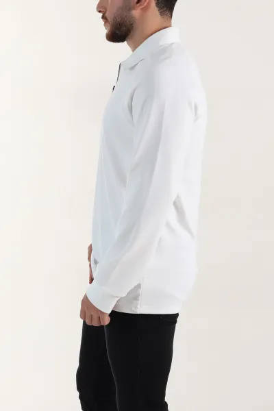 Beyaz Yarım Fermuarlı Polo Yaka Erkek Sweatshirt 397128
