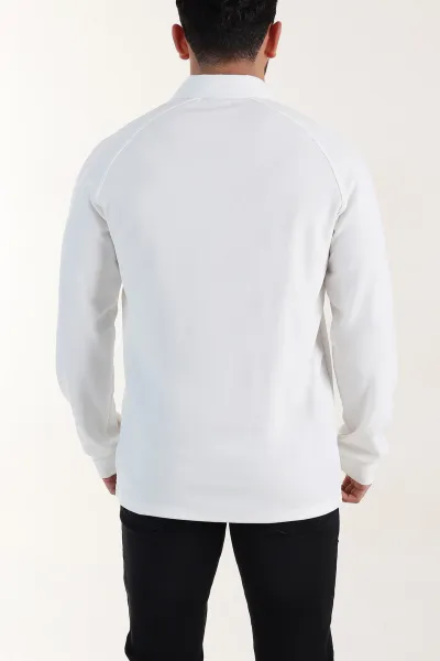Beyaz Yarım Fermuarlı Polo Yaka Erkek Sweatshirt 397128