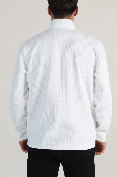 Beyaz Yarım Fermuarlı Polo Yaka Erkek Sweatshirt 410872