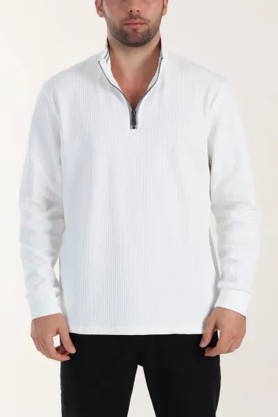 Beyaz Yarım Fermuarlı Polo Yaka Erkek Sweatshirt 410872