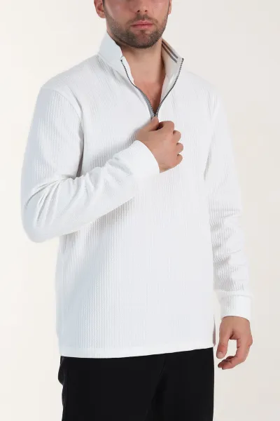 Beyaz Yarım Fermuarlı Polo Yaka Erkek Sweatshirt 410872