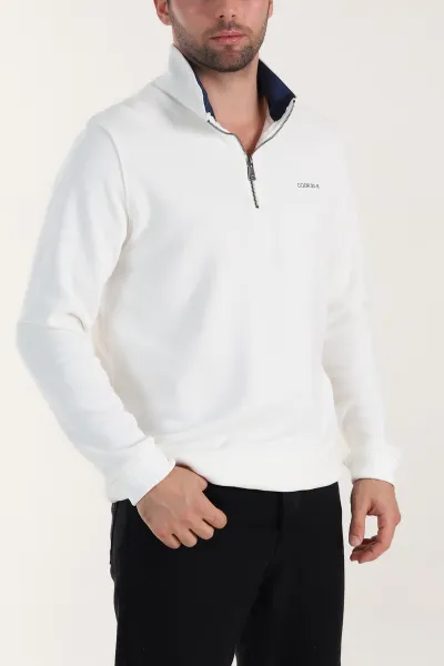 Beyaz Yarım Fermuarlı Polo Yaka Erkek Sweatshirt 410880
