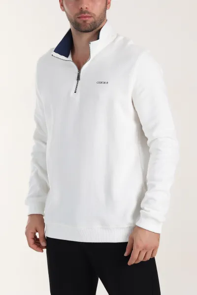 Beyaz Yarım Fermuarlı Polo Yaka Erkek Sweatshirt 410880