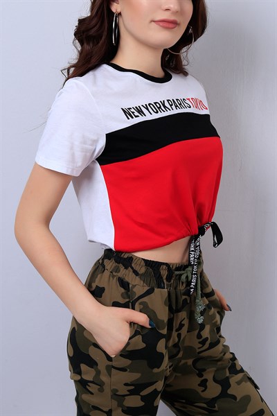Beyaz Yazılı Bayan Kısa Tişört 13837B